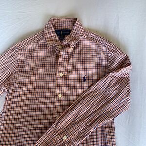 Polo Ralph Lauren Boys Orange Navy Blue Gingham Button Down Shirt Size M 10-12
